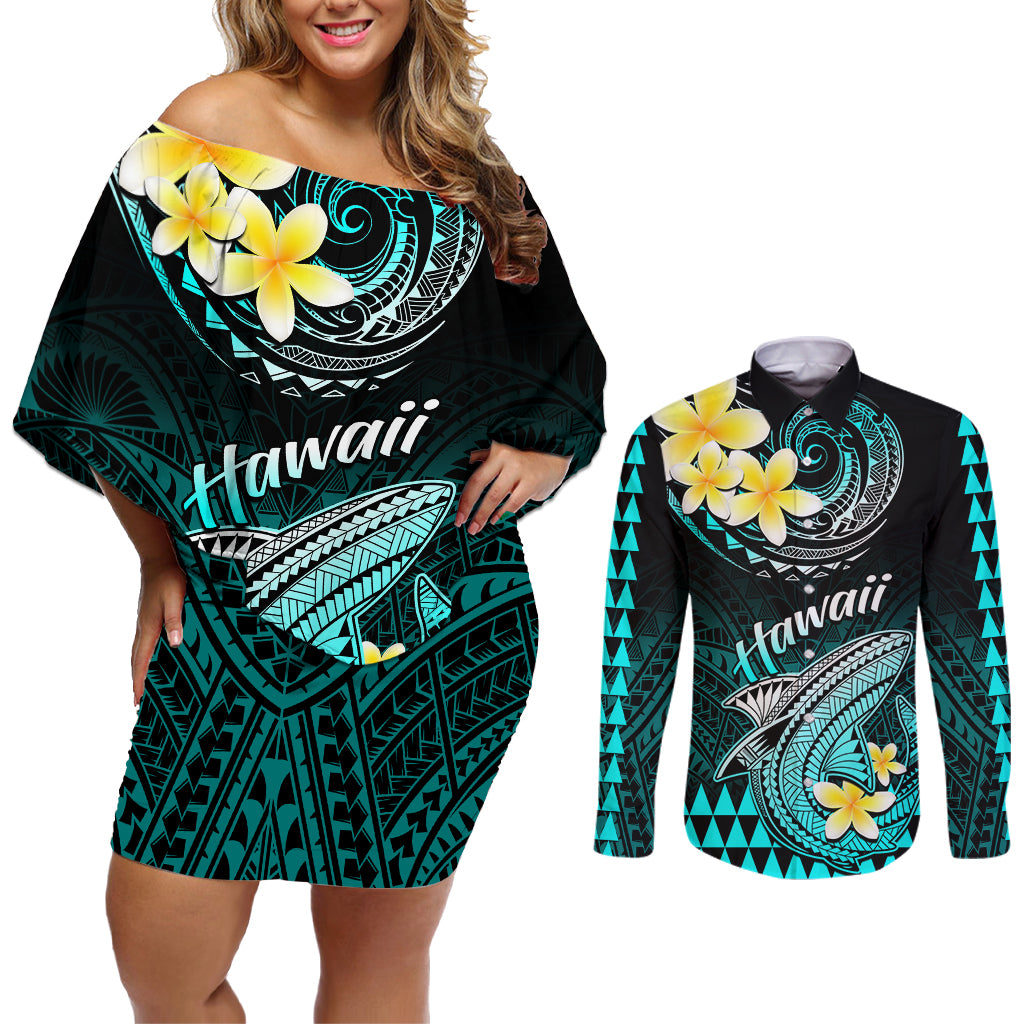 Hawaii Couples Matching Off Shoulder Short Dress and Long Sleeve Button Shirts Polynesian Shark with Kakau Turquoise Version LT01 Turquoise - Polynesian Pride