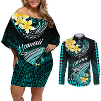 Hawaii Couples Matching Off Shoulder Short Dress and Long Sleeve Button Shirts Polynesian Shark with Kakau Turquoise Version LT01 Turquoise - Polynesian Pride