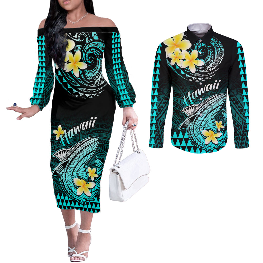 Hawaii Couples Matching Off The Shoulder Long Sleeve Dress and Long Sleeve Button Shirts Polynesian Shark with Kakau Turquoise Version LT01 Turquoise - Polynesian Pride