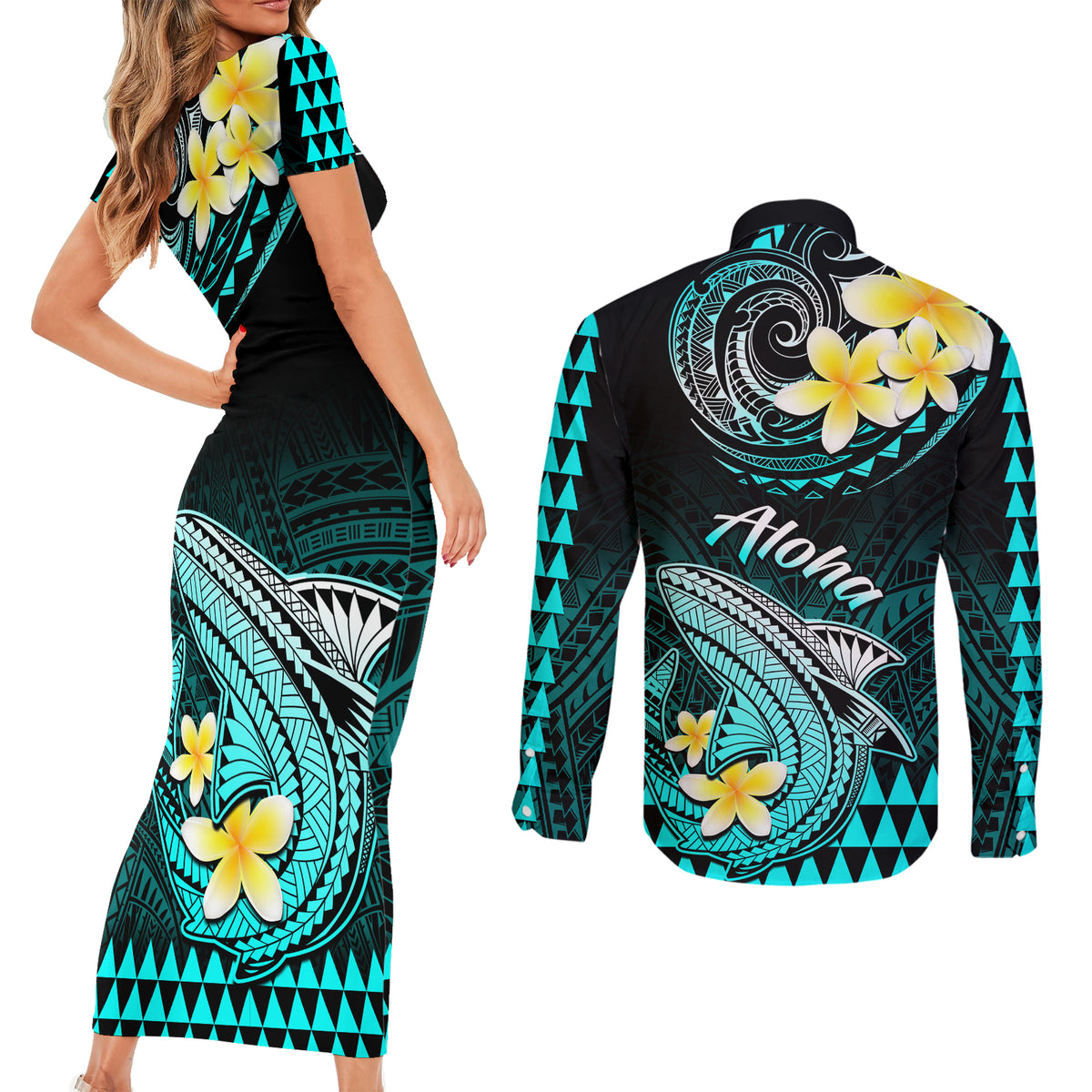 Hawaii Couples Matching Short Sleeve Bodycon Dress and Long Sleeve Button Shirts Polynesian Shark with Kakau Turquoise Version LT01 - Polynesian Pride