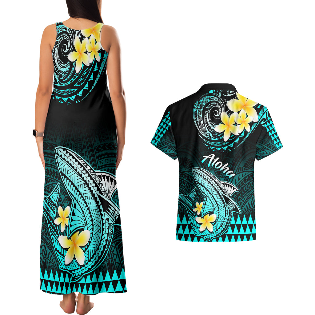 Hawaii Couples Matching Tank Maxi Dress and Hawaiian Shirt Polynesian Shark with Kakau Turquoise Version LT01 - Polynesian Pride