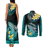 Hawaii Couples Matching Tank Maxi Dress and Long Sleeve Button Shirts Polynesian Shark with Kakau Turquoise Version LT01 - Polynesian Pride