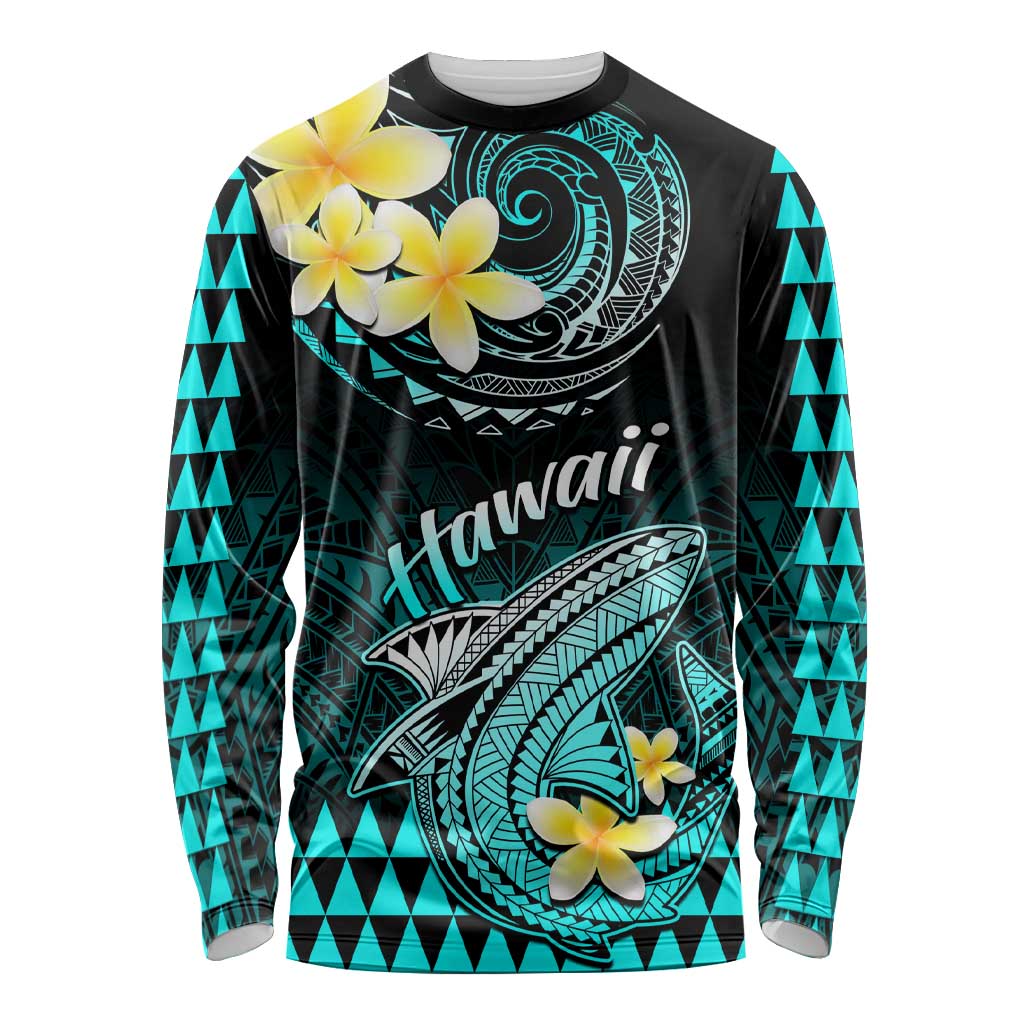 Hawaii Long Sleeve Shirt Polynesian Shark with Kakau Turquoise Version LT01