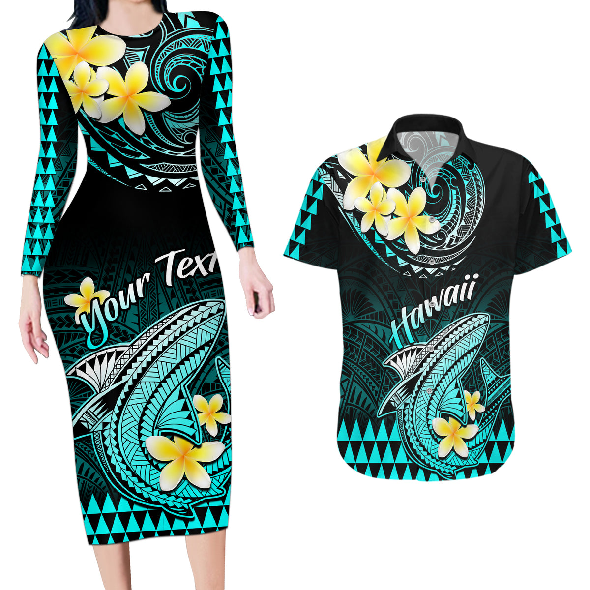 Personalised Hawaii Couples Matching Long Sleeve Bodycon Dress and Hawaiian Shirt Polynesian Shark with Kakau Turquoise Version LT01 Turquoise - Polynesian Pride