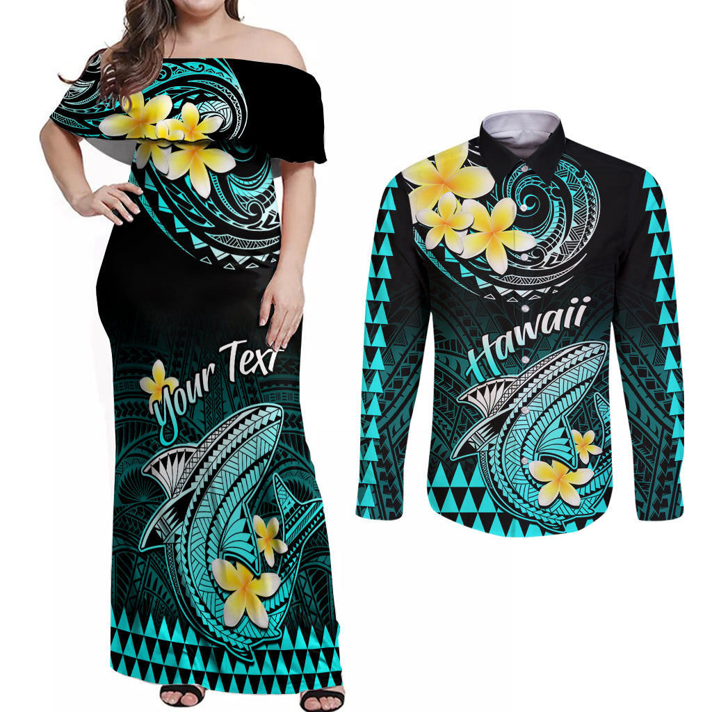 Personalised Hawaii Couples Matching Off Shoulder Maxi Dress and Long Sleeve Button Shirts Polynesian Shark with Kakau Turquoise Version LT01 Turquoise - Polynesian Pride