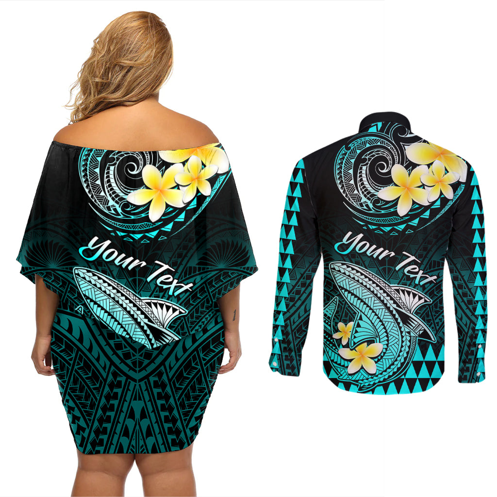 Personalised Hawaii Couples Matching Off Shoulder Short Dress and Long Sleeve Button Shirts Polynesian Shark with Kakau Turquoise Version LT01 - Polynesian Pride