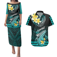 Personalised Hawaii Couples Matching Puletasi Dress and Hawaiian Shirt Polynesian Shark with Kakau Turquoise Version LT01 Turquoise - Polynesian Pride