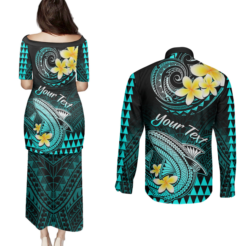Personalised Hawaii Couples Matching Puletasi Dress and Long Sleeve Button Shirts Polynesian Shark with Kakau Turquoise Version LT01 - Polynesian Pride