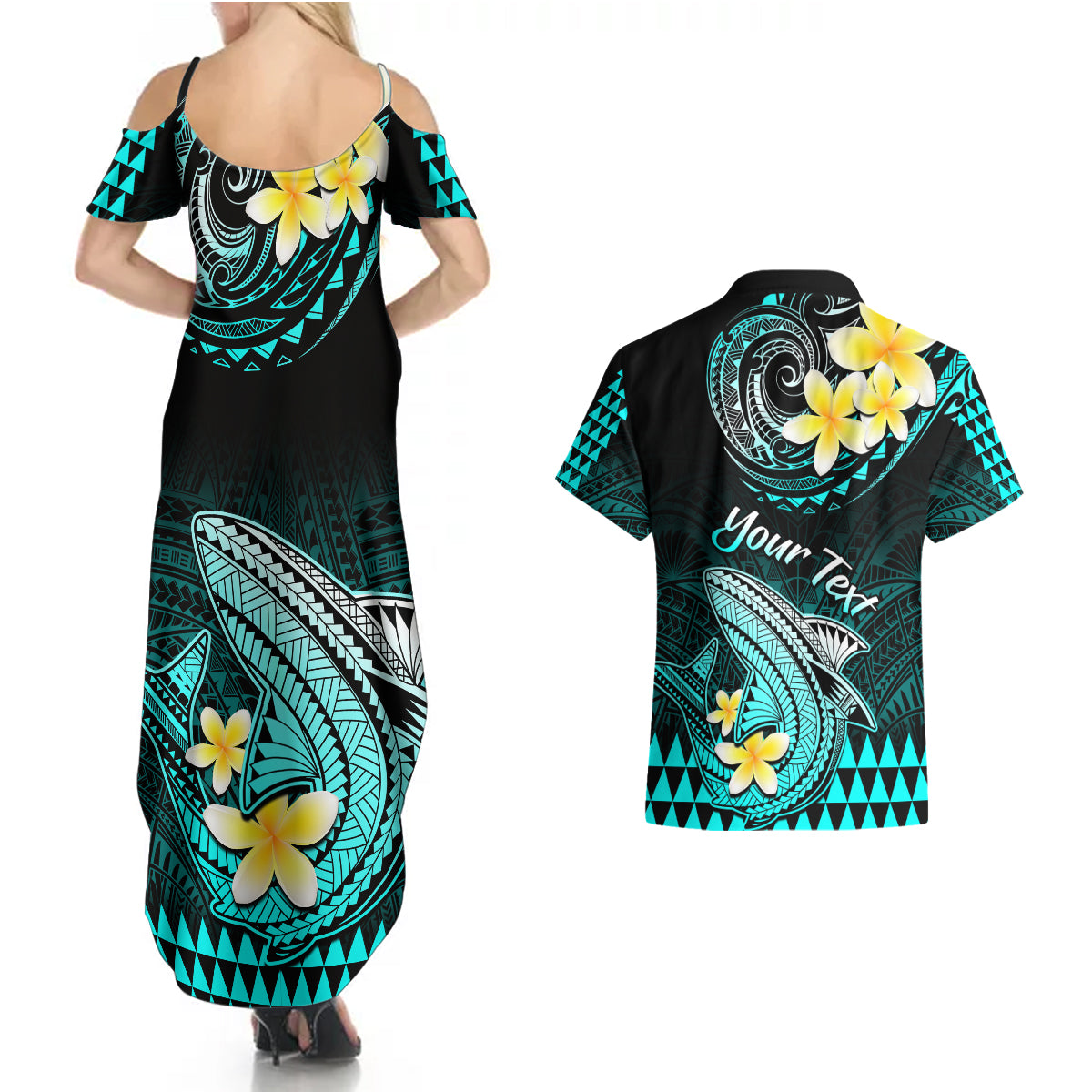 Personalised Hawaii Couples Matching Summer Maxi Dress and Hawaiian Shirt Polynesian Shark with Kakau Turquoise Version LT01 - Polynesian Pride