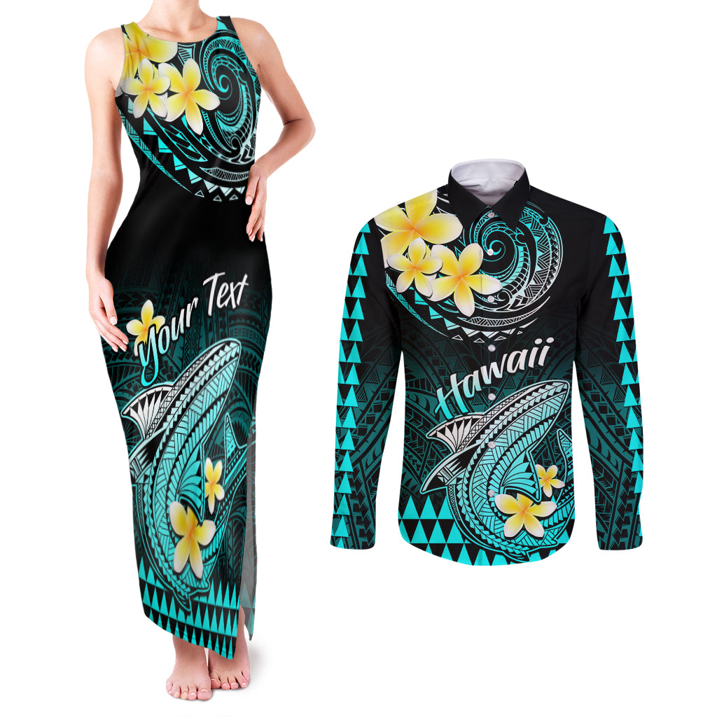 Personalised Hawaii Couples Matching Tank Maxi Dress and Long Sleeve Button Shirts Polynesian Shark with Kakau Turquoise Version LT01 Turquoise - Polynesian Pride