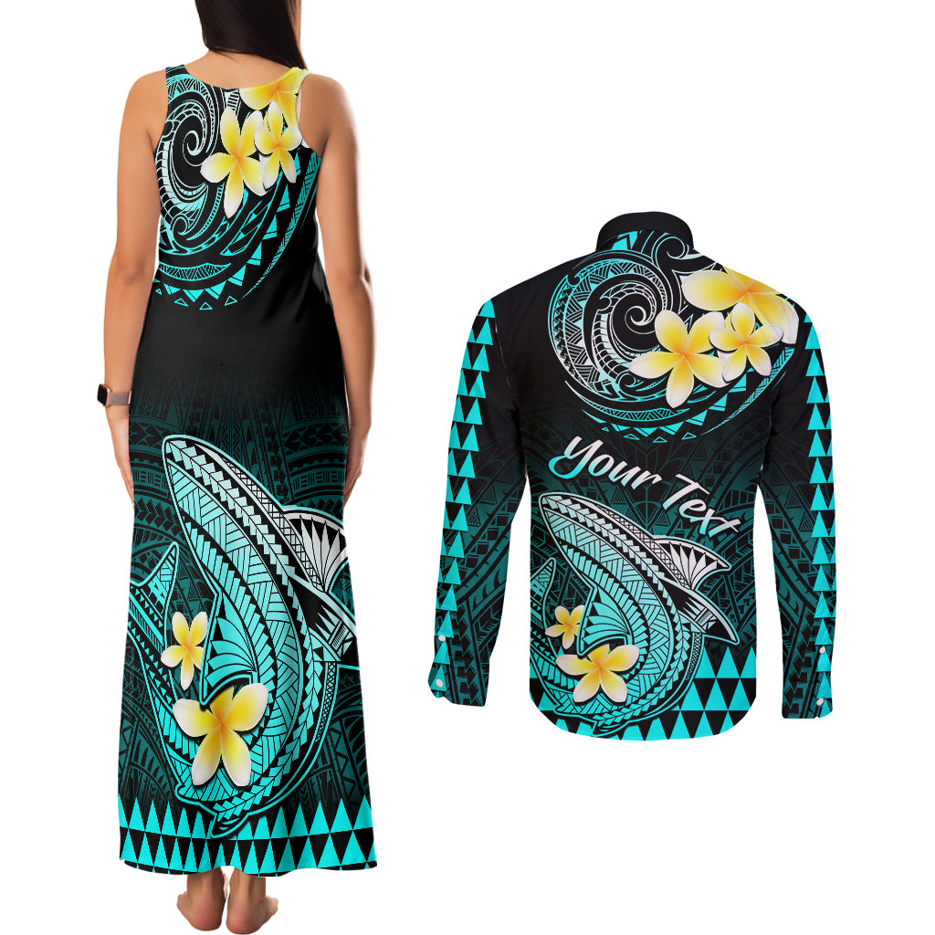 Personalised Hawaii Couples Matching Tank Maxi Dress and Long Sleeve Button Shirts Polynesian Shark with Kakau Turquoise Version LT01 - Polynesian Pride