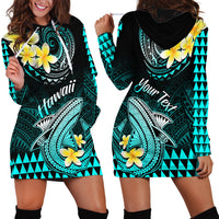 Personalised Hawaii Hoodie Dress Polynesian Shark with Kakau Turquoise Version LT01 - Polynesian Pride