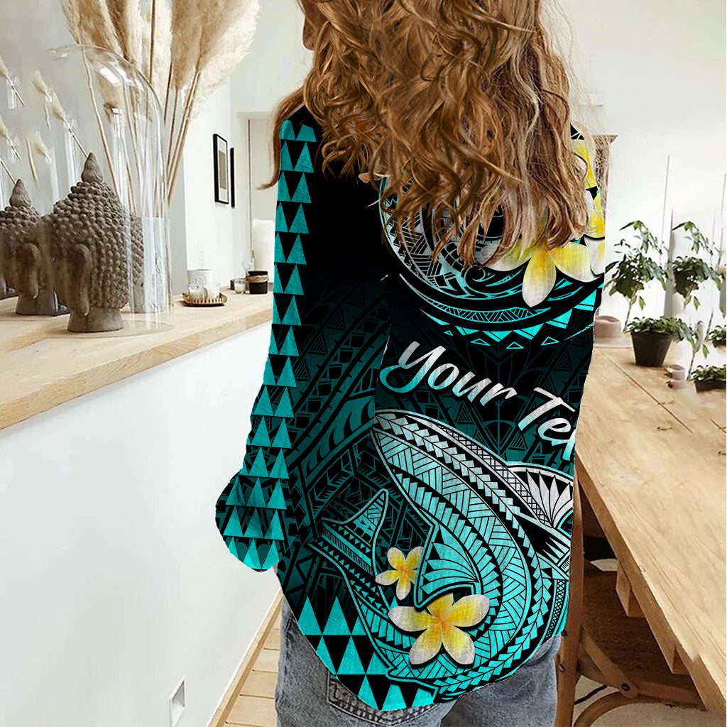 Personalised Hawaii Women Casual Shirt Polynesian Shark with Kakau Turquoise Version LT01 - Polynesian Pride