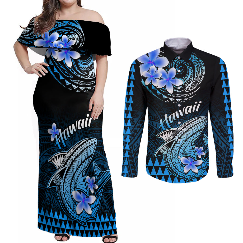 Hawaii Couples Matching Off Shoulder Maxi Dress and Long Sleeve Button Shirts Polynesian Shark with Kakau Blue Version LT01 Blue - Polynesian Pride