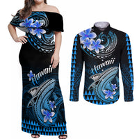 Hawaii Couples Matching Off Shoulder Maxi Dress and Long Sleeve Button Shirts Polynesian Shark with Kakau Blue Version LT01 Blue - Polynesian Pride