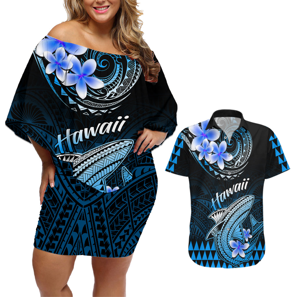 Hawaii Couples Matching Off Shoulder Short Dress and Hawaiian Shirt Polynesian Shark with Kakau Blue Version LT01 Blue - Polynesian Pride