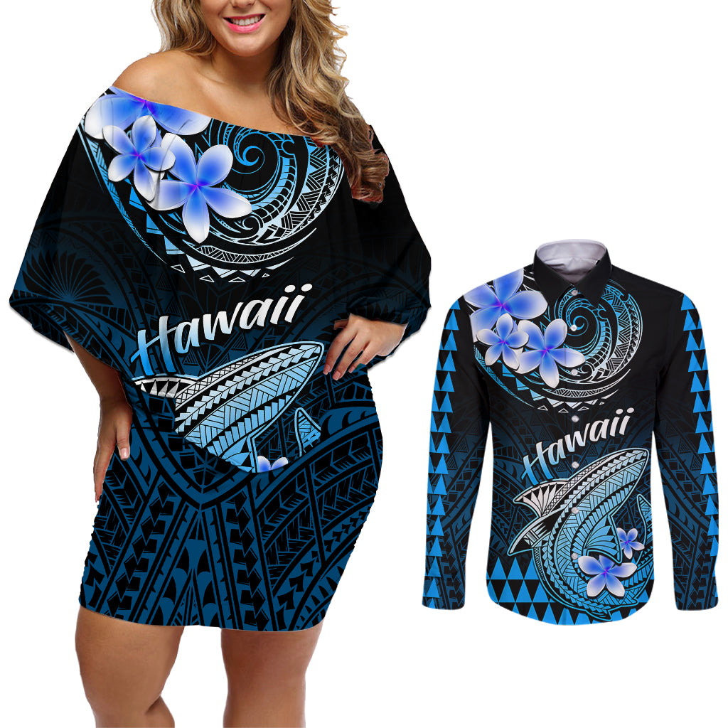 Hawaii Couples Matching Off Shoulder Short Dress and Long Sleeve Button Shirts Polynesian Shark with Kakau Blue Version LT01 Blue - Polynesian Pride