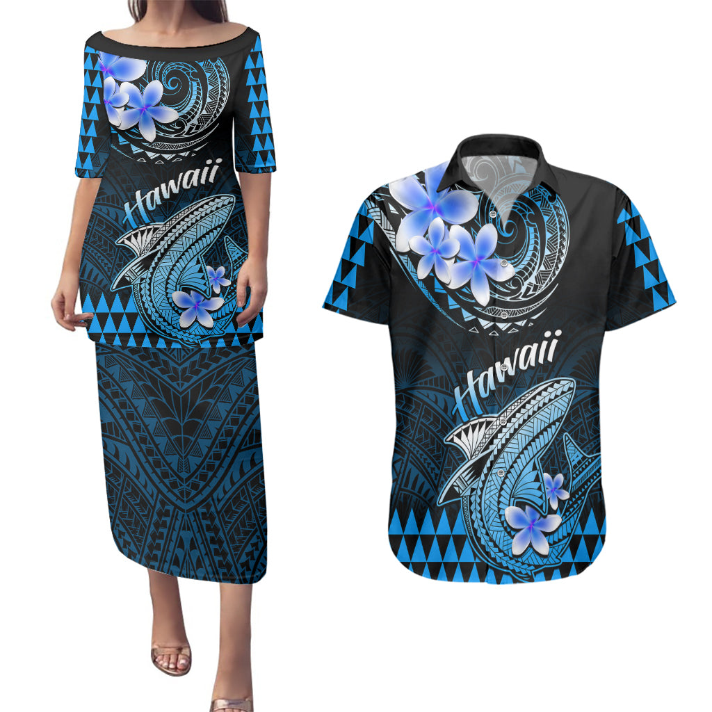 Hawaii Couples Matching Puletasi Dress and Hawaiian Shirt Polynesian Shark with Kakau Blue Version LT01 Blue - Polynesian Pride