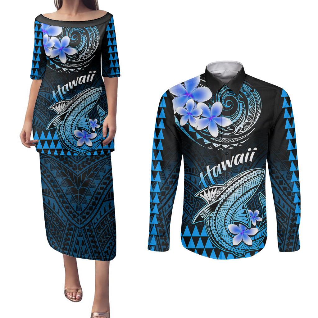 Hawaii Couples Matching Puletasi Dress and Long Sleeve Button Shirts Polynesian Shark with Kakau Blue Version LT01 Blue - Polynesian Pride