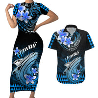 Hawaii Couples Matching Short Sleeve Bodycon Dress and Hawaiian Shirt Polynesian Shark with Kakau Blue Version LT01 Blue - Polynesian Pride