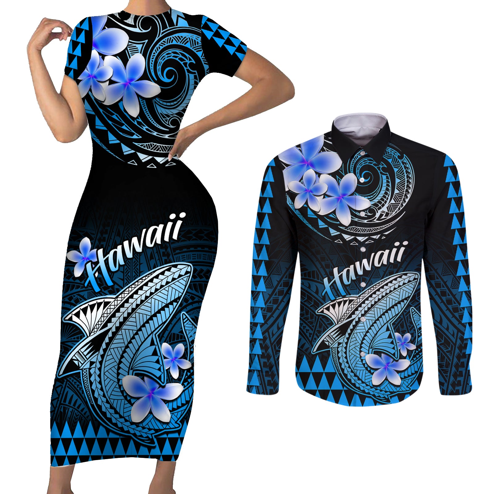 Hawaii Couples Matching Short Sleeve Bodycon Dress and Long Sleeve Button Shirts Polynesian Shark with Kakau Blue Version LT01 Blue - Polynesian Pride