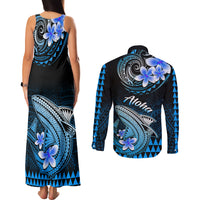 Hawaii Couples Matching Tank Maxi Dress and Long Sleeve Button Shirts Polynesian Shark with Kakau Blue Version LT01 - Polynesian Pride
