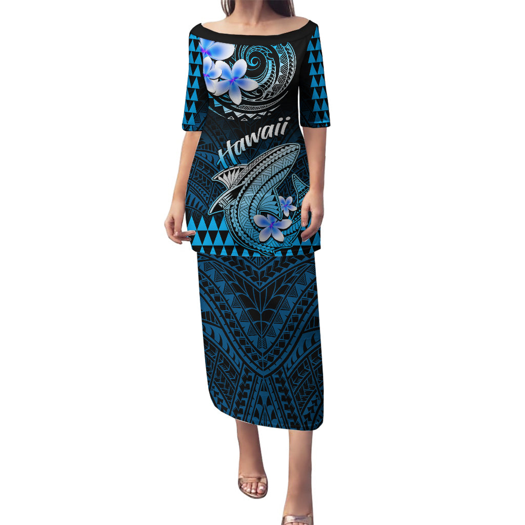 Hawaii Puletasi Polynesian Shark with Kakau Blue Version LT01 Long Dress Blue - Polynesian Pride