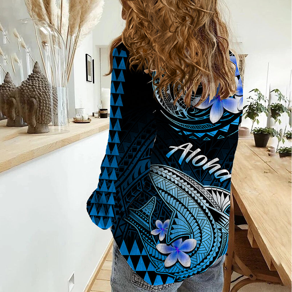 Hawaii Women Casual Shirt Polynesian Shark with Kakau Blue Version LT01 - Polynesian Pride