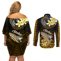 Hawaii Couples Matching Off Shoulder Short Dress and Long Sleeve Button Shirts Polynesian Shark with Kakau Gold Version LT01 - Polynesian Pride
