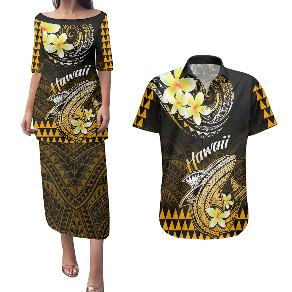 Hawaii Couples Matching Puletasi Dress and Hawaiian Shirt Polynesian Shark with Kakau Gold Version LT01 Gold - Polynesian Pride