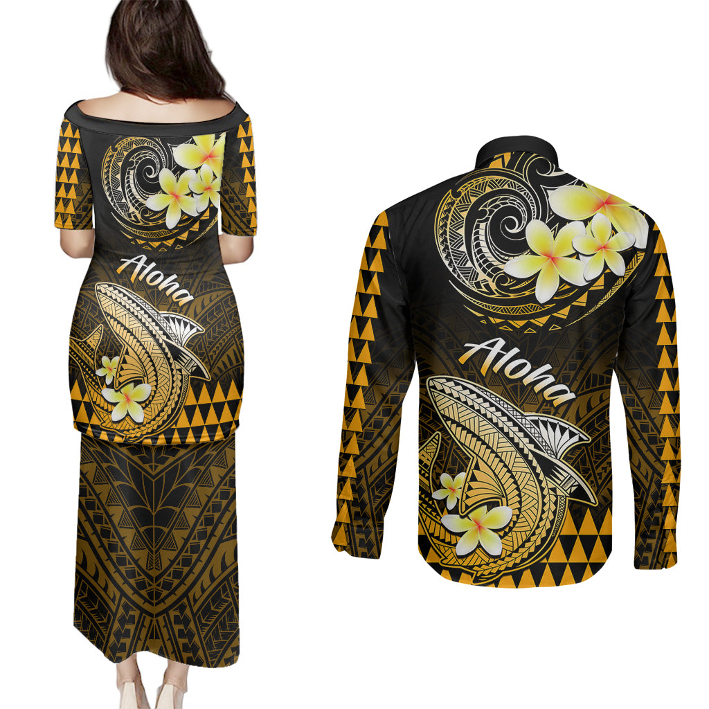 Hawaii Couples Matching Puletasi Dress and Long Sleeve Button Shirts Polynesian Shark with Kakau Gold Version LT01 - Polynesian Pride
