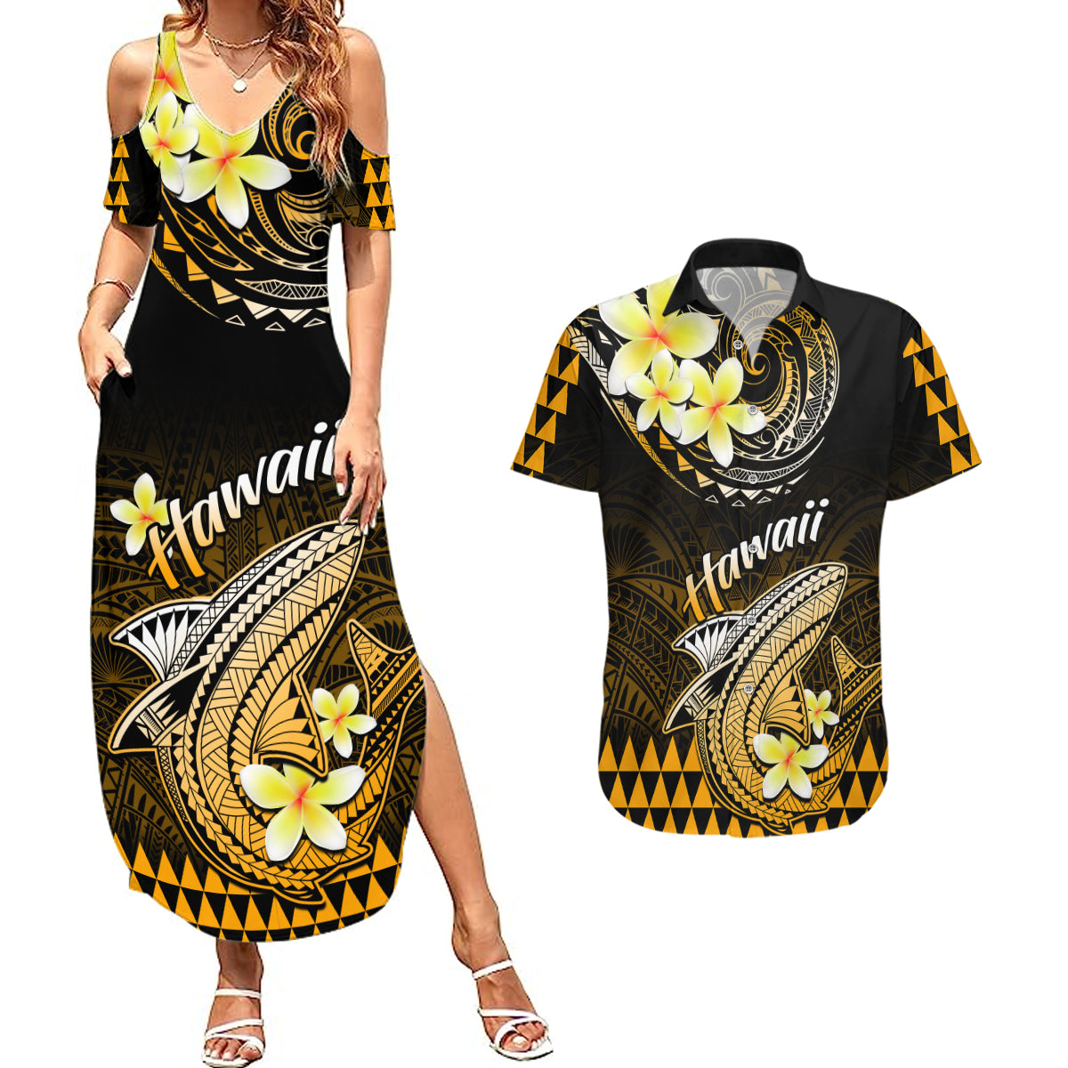 Hawaii Couples Matching Summer Maxi Dress and Hawaiian Shirt Polynesian Shark with Kakau Gold Version LT01 Gold - Polynesian Pride