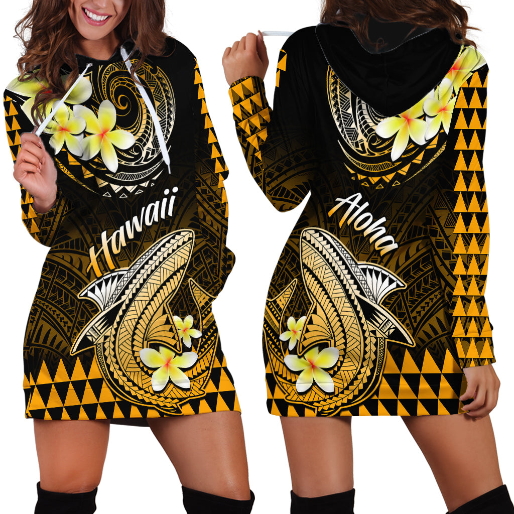 Hawaii Hoodie Dress Polynesian Shark with Kakau Gold Version LT01 - Polynesian Pride