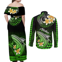 Hawaii Couples Matching Off Shoulder Maxi Dress and Long Sleeve Button Shirts Polynesian Shark with Kakau Green Version LT01 - Polynesian Pride