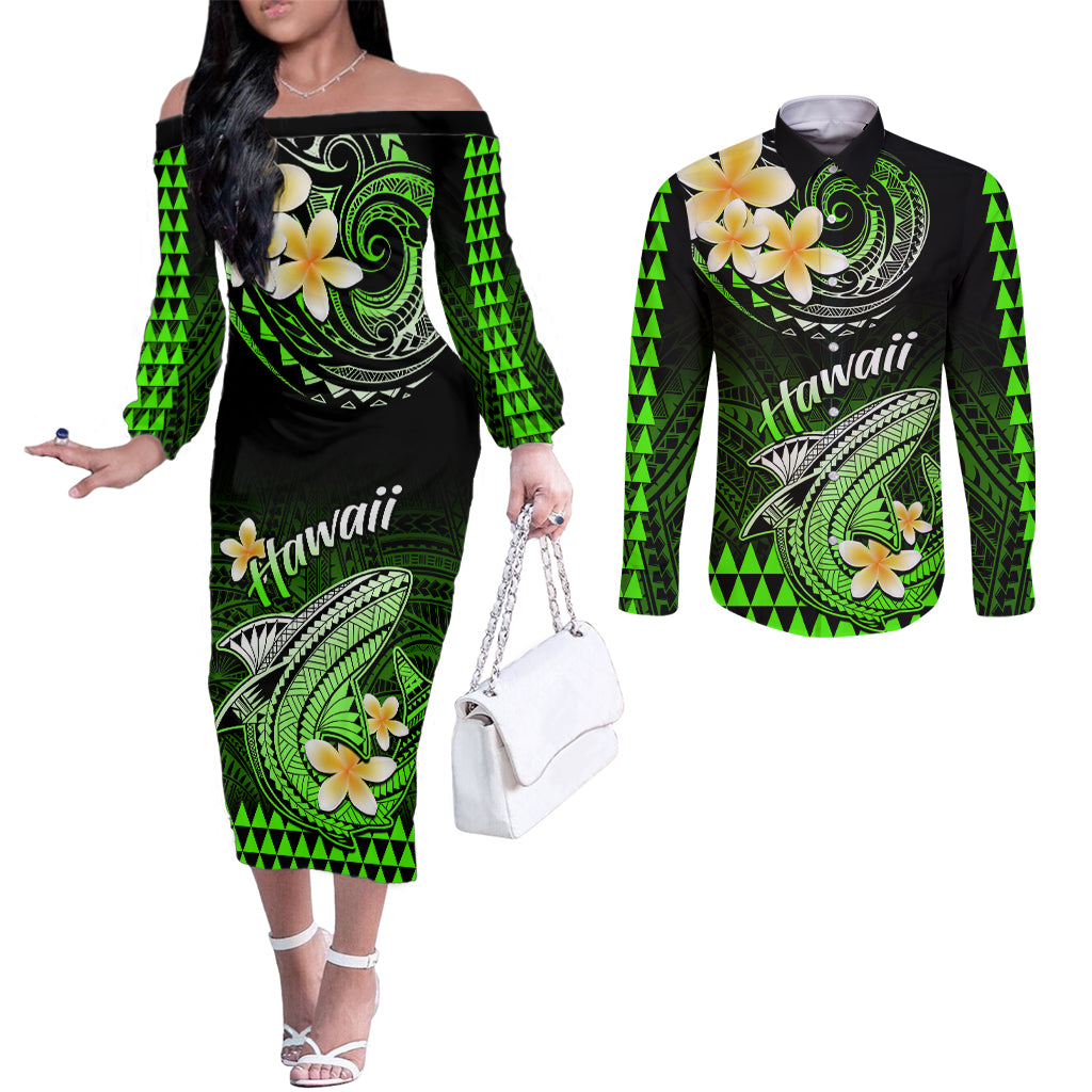 Hawaii Couples Matching Off The Shoulder Long Sleeve Dress and Long Sleeve Button Shirts Polynesian Shark with Kakau Green Version LT01 Green - Polynesian Pride