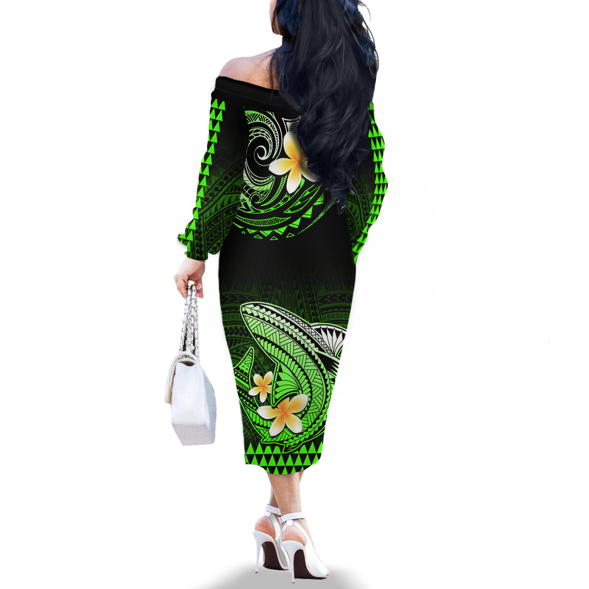 Hawaii Off The Shoulder Long Sleeve Dress Polynesian Shark with Kakau Green Version LT01 - Polynesian Pride