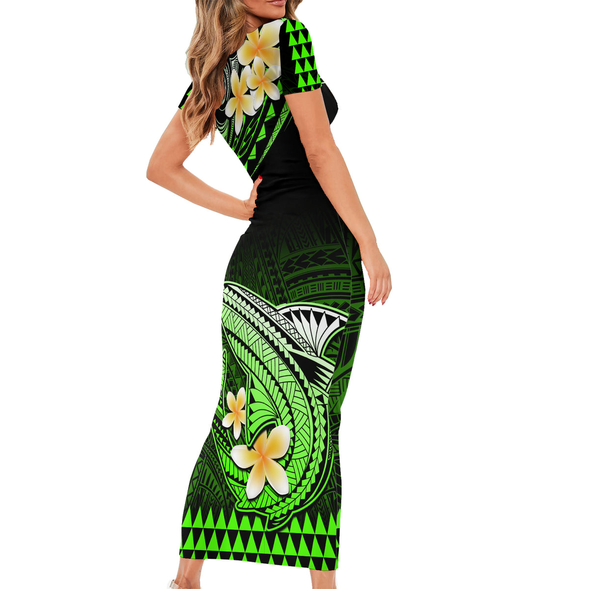 Hawaii Short Sleeve Bodycon Dress Polynesian Shark with Kakau Green Version LT01 - Polynesian Pride