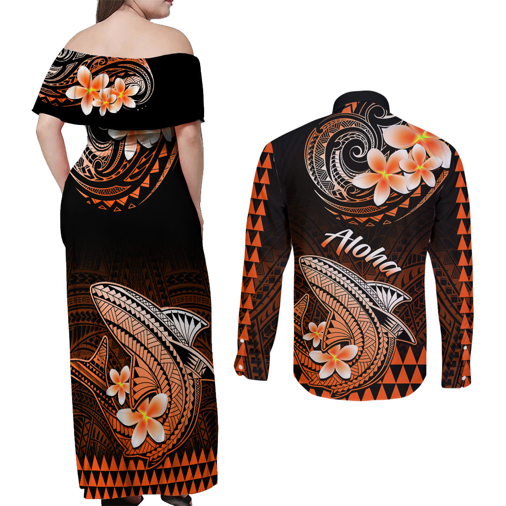 Hawaii Couples Matching Off Shoulder Maxi Dress and Long Sleeve Button Shirts Polynesian Shark with Kakau Orange Version LT01 - Polynesian Pride