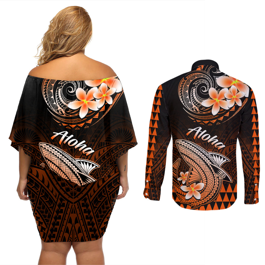 Hawaii Couples Matching Off Shoulder Short Dress and Long Sleeve Button Shirts Polynesian Shark with Kakau Orange Version LT01 - Polynesian Pride