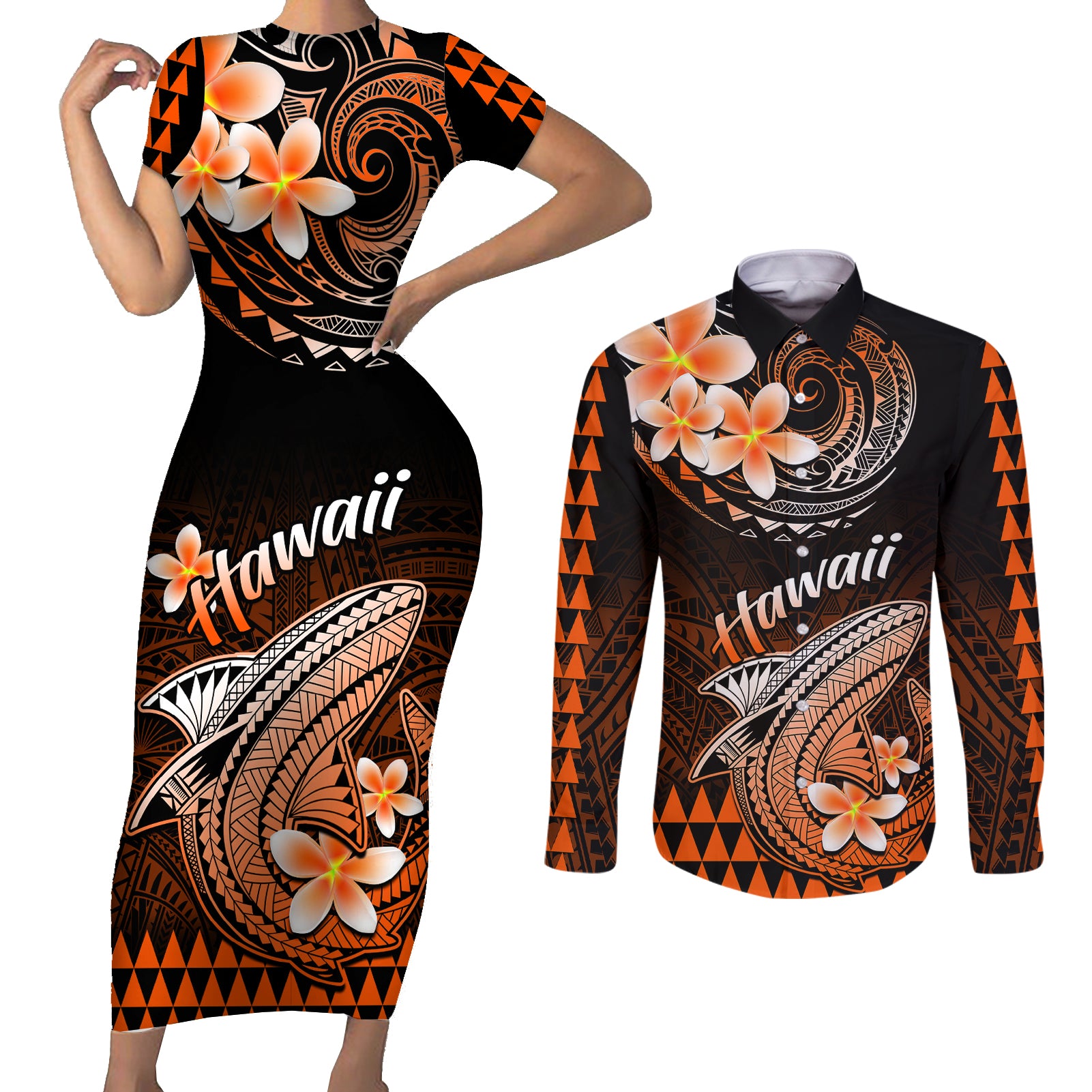 Hawaii Couples Matching Short Sleeve Bodycon Dress and Long Sleeve Button Shirts Polynesian Shark with Kakau Orange Version LT01 Orange - Polynesian Pride