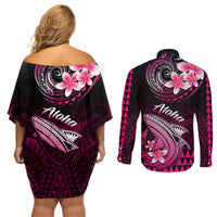 Hawaii Couples Matching Off Shoulder Short Dress and Long Sleeve Button Shirts Polynesian Shark with Kakau Pink Version LT01 - Polynesian Pride