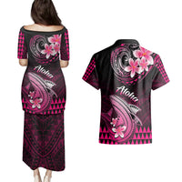 Hawaii Couples Matching Puletasi Dress and Hawaiian Shirt Polynesian Shark with Kakau Pink Version LT01 - Polynesian Pride