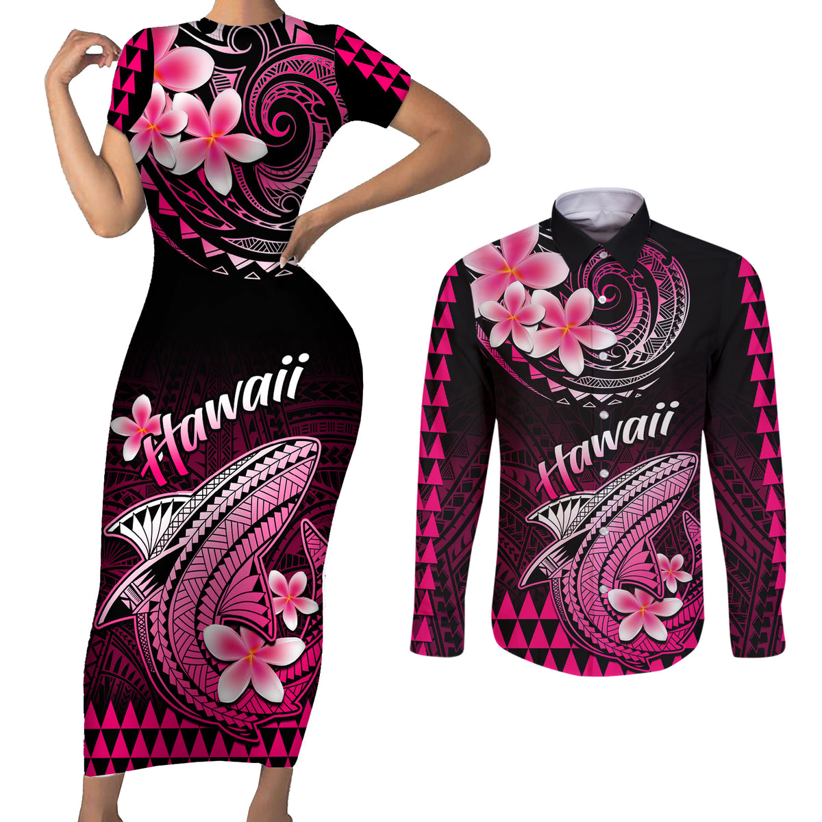 Hawaii Couples Matching Short Sleeve Bodycon Dress and Long Sleeve Button Shirts Polynesian Shark with Kakau Pink Version LT01 Pink - Polynesian Pride
