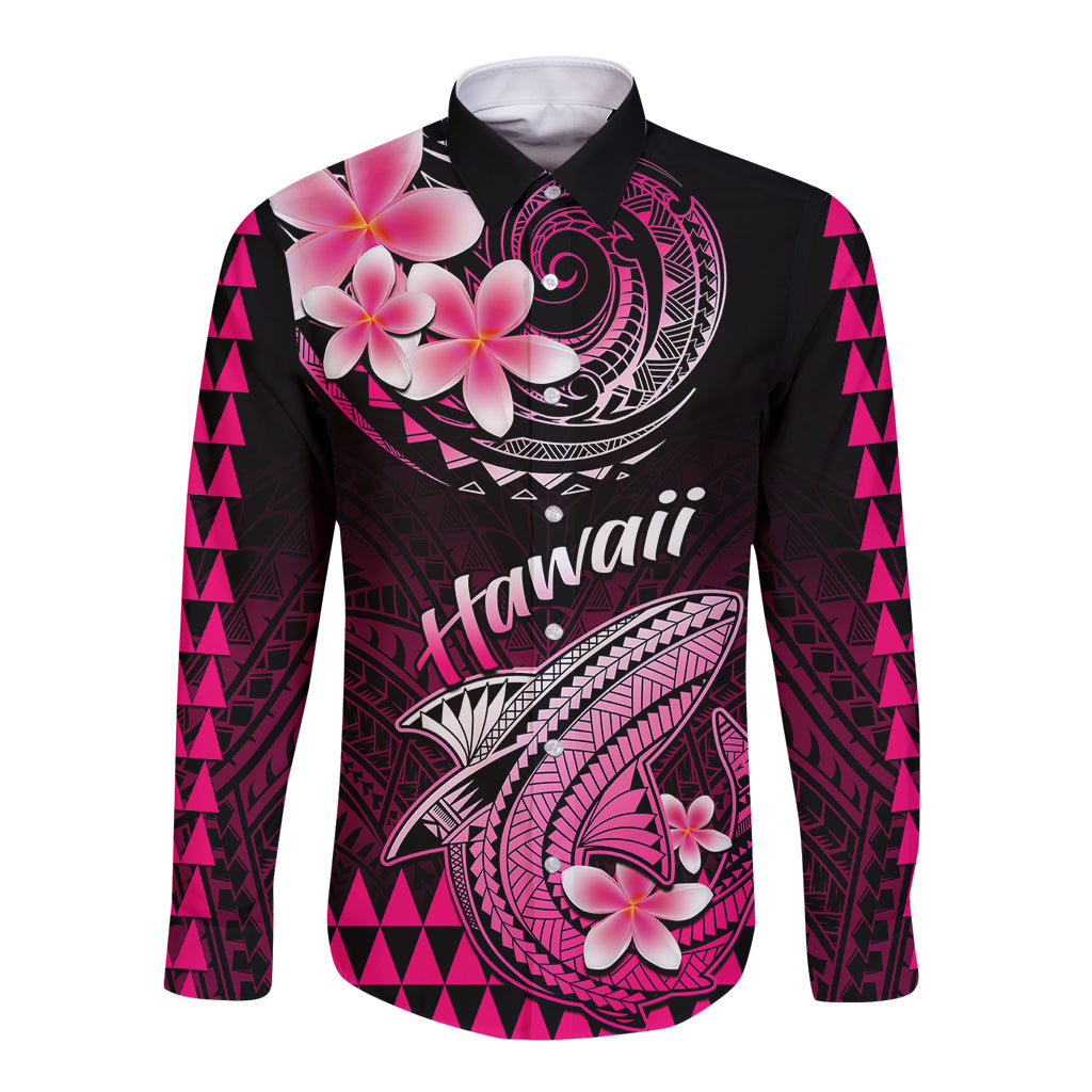 Hawaii Long Sleeve Button Shirt Polynesian Shark with Kakau Pink Version LT01 Unisex Pink - Polynesian Pride