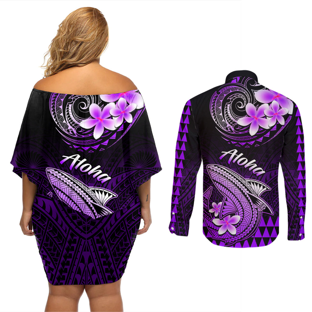 Hawaii Couples Matching Off Shoulder Short Dress and Long Sleeve Button Shirts Polynesian Shark with Kakau Purple Version LT01 - Polynesian Pride