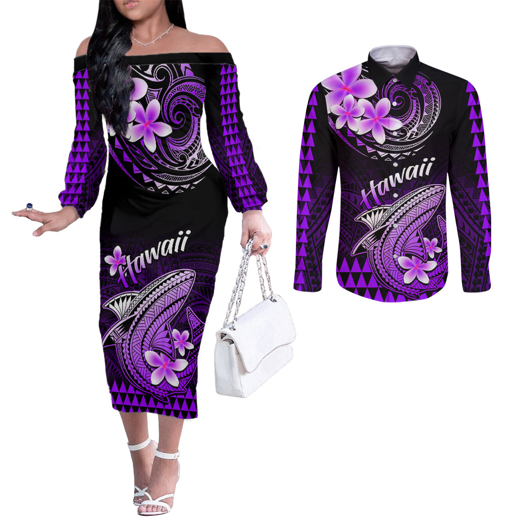 Hawaii Couples Matching Off The Shoulder Long Sleeve Dress and Long Sleeve Button Shirts Polynesian Shark with Kakau Purple Version LT01 Purple - Polynesian Pride