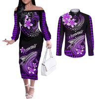 Hawaii Couples Matching Off The Shoulder Long Sleeve Dress and Long Sleeve Button Shirts Polynesian Shark with Kakau Purple Version LT01 Purple - Polynesian Pride