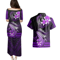 Hawaii Couples Matching Puletasi Dress and Hawaiian Shirt Polynesian Shark with Kakau Purple Version LT01 - Polynesian Pride