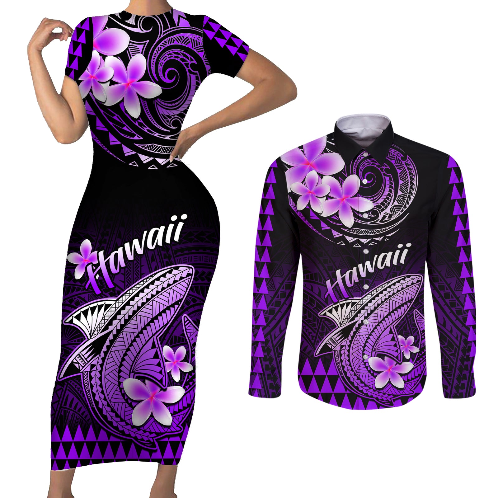 Hawaii Couples Matching Short Sleeve Bodycon Dress and Long Sleeve Button Shirts Polynesian Shark with Kakau Purple Version LT01 Purple - Polynesian Pride