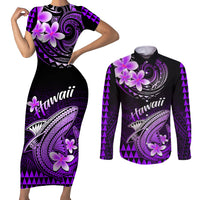 Hawaii Couples Matching Short Sleeve Bodycon Dress and Long Sleeve Button Shirts Polynesian Shark with Kakau Purple Version LT01 Purple - Polynesian Pride